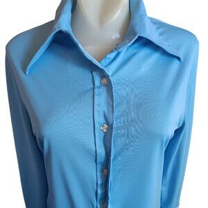 Vintage Womens Medium Blouse 1970's Shirt Stretch Polyester Baby Blue Collared